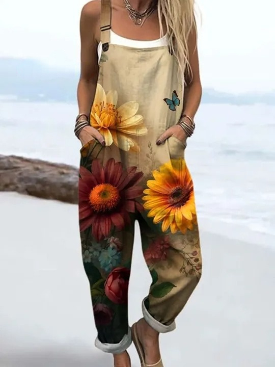 Women's Vintage Flower Art Print Casual 100% Cotton Wide Leg Jumpsuit