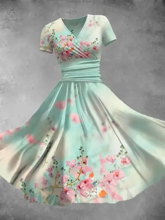 Vintage Floral Art Print V-Neck Short Sleeve Midi Dress