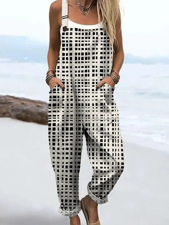 Women's Plaid Pattern Art Print Casual 100% Cotton Wide Leg Jumpsuit