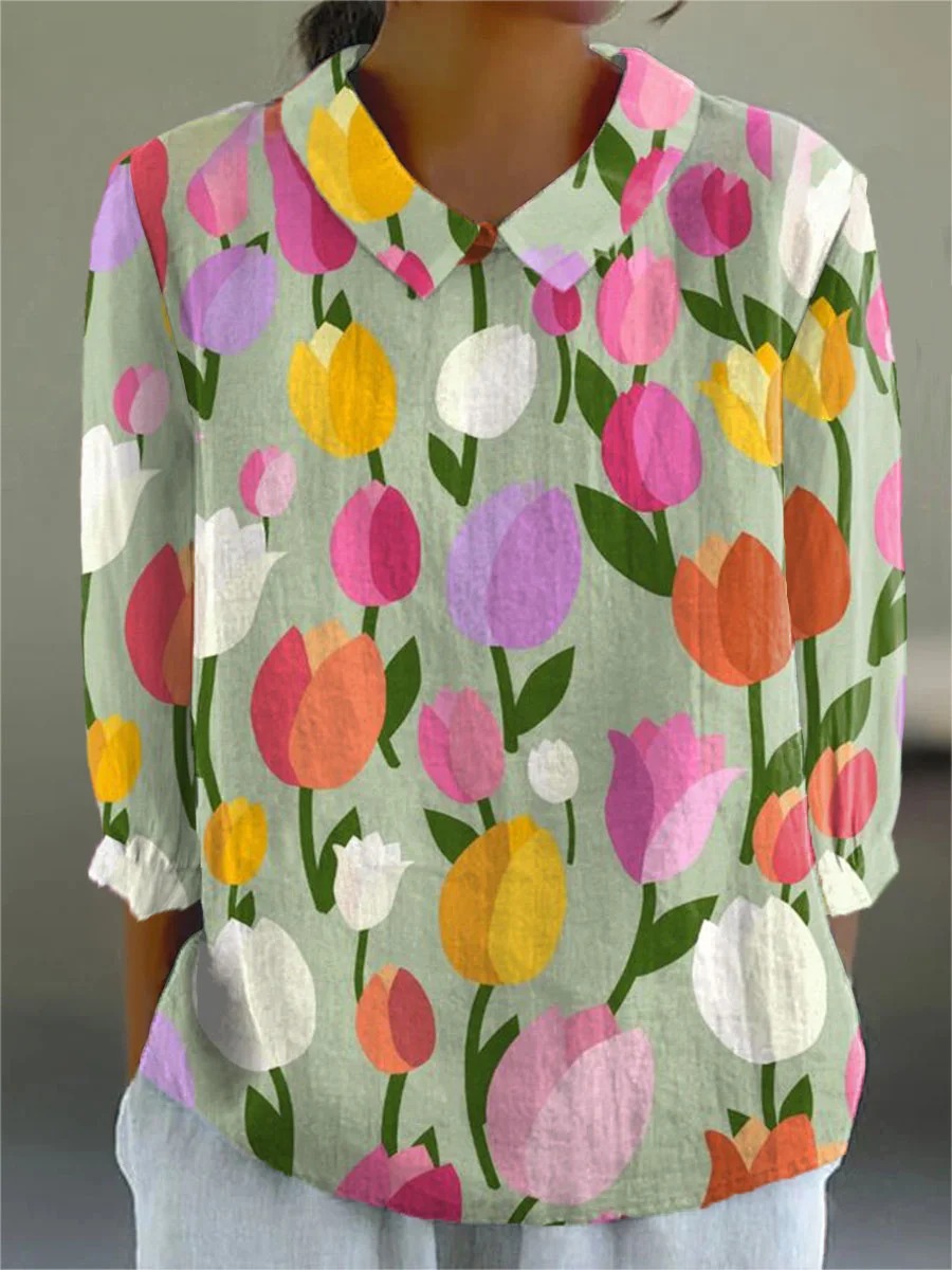 Women's Pastoral Flower Art Print Casual Cotton And Linen 3/4 Sleeve Shirt