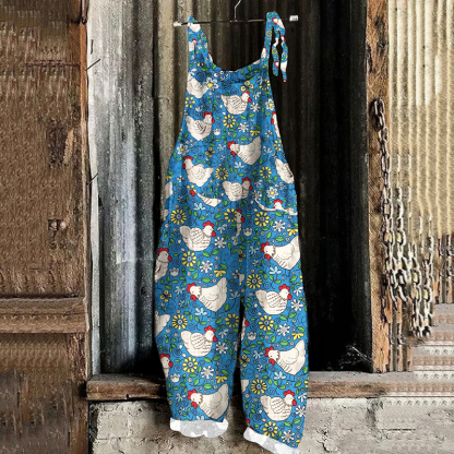Hen & Blooming Flowers Blue Floral Print Loose Casual Jumpsuit