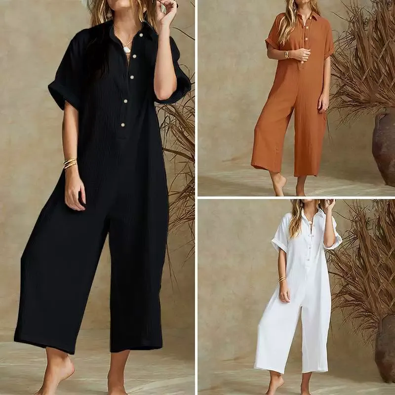 100% cotton women jumpsuit solid buttons loose romper wide leg pants plus size