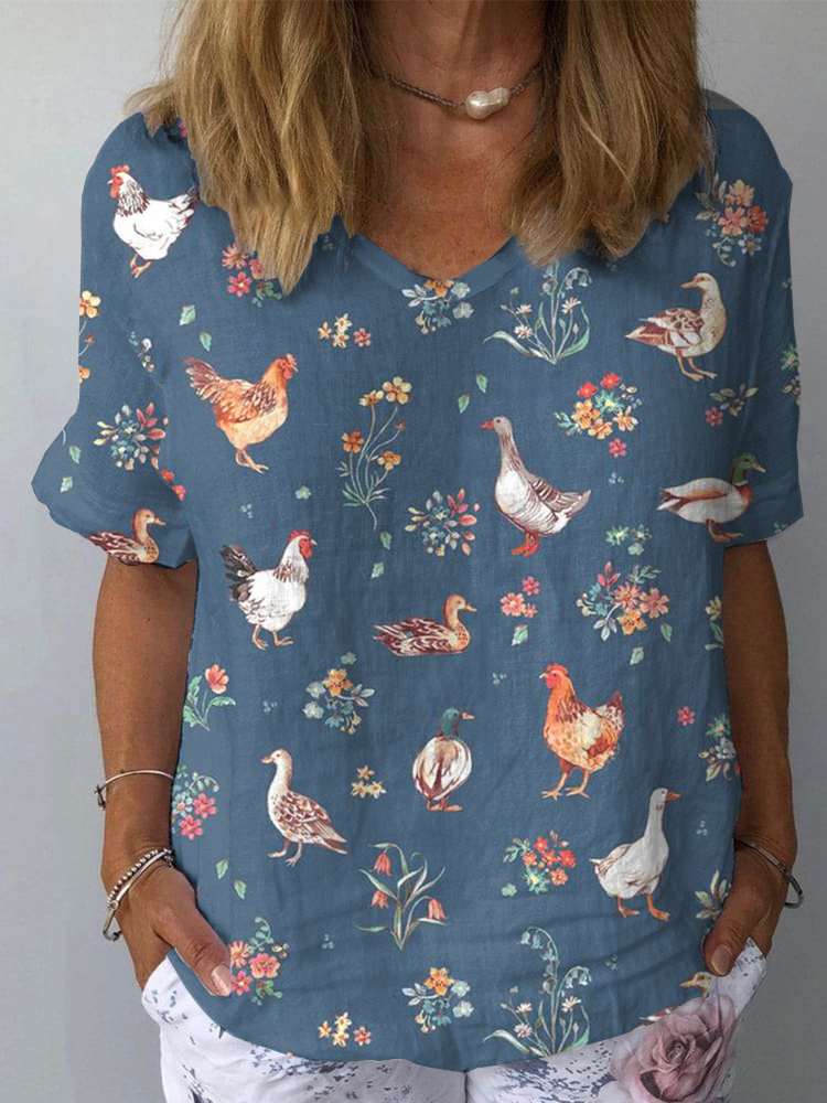 Women's Farm Animal Print Casual V-Neck Cotton And Linen Top