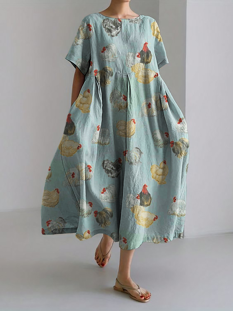 Vintage Farm Chicken Pattern Linen Blend Maxi Dress
