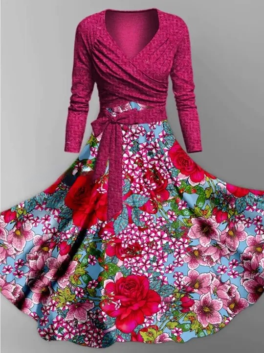 Floral Print Vintage V-Neck Long Sleeve Two-Piece Midi Dress
