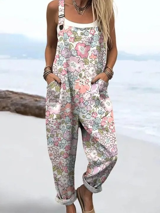 Women's Lovely Floral Art Print Casual 100% Cotton Wide Leg Jumpsuit