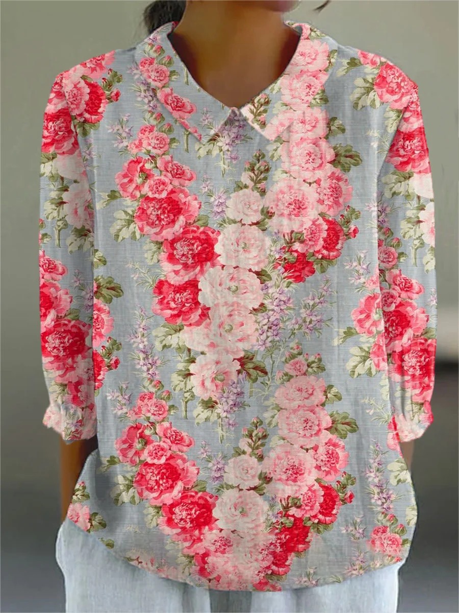 Women's Pastoral Flower Art Print Casual Cotton And Linen 3/4 Sleeve Shirt