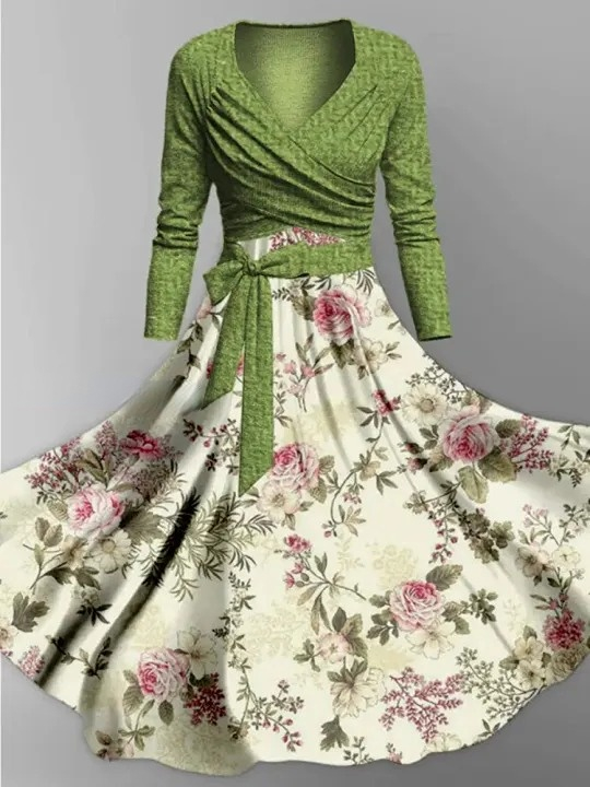 Floral Print Vintage V-Neck Long Sleeve Two-Piece Midi Dress