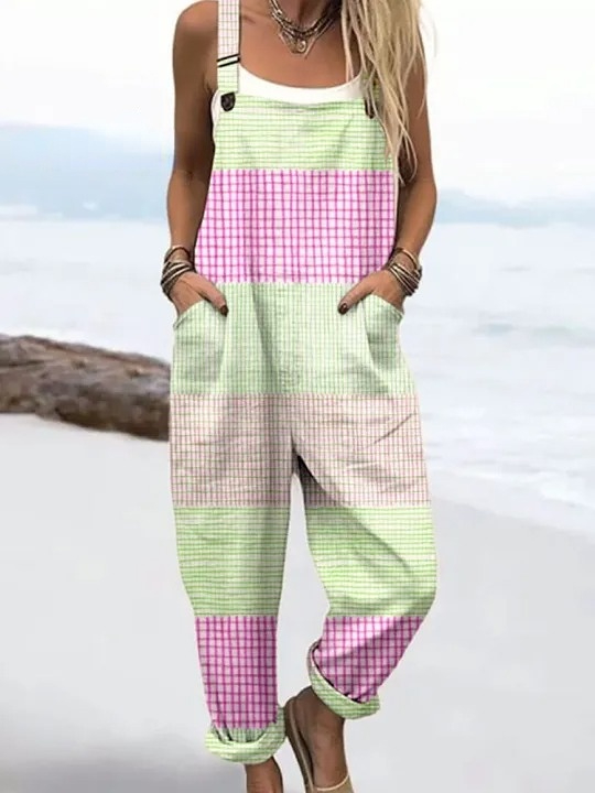 Women's Vintage Abstract Geometric Line Art Print Casual 100% Cotton Wide Leg Jumpsuit