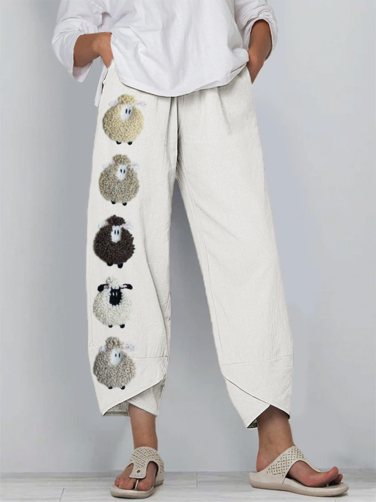Colorful Sheep Fleece Linen Blend Cropped Pants