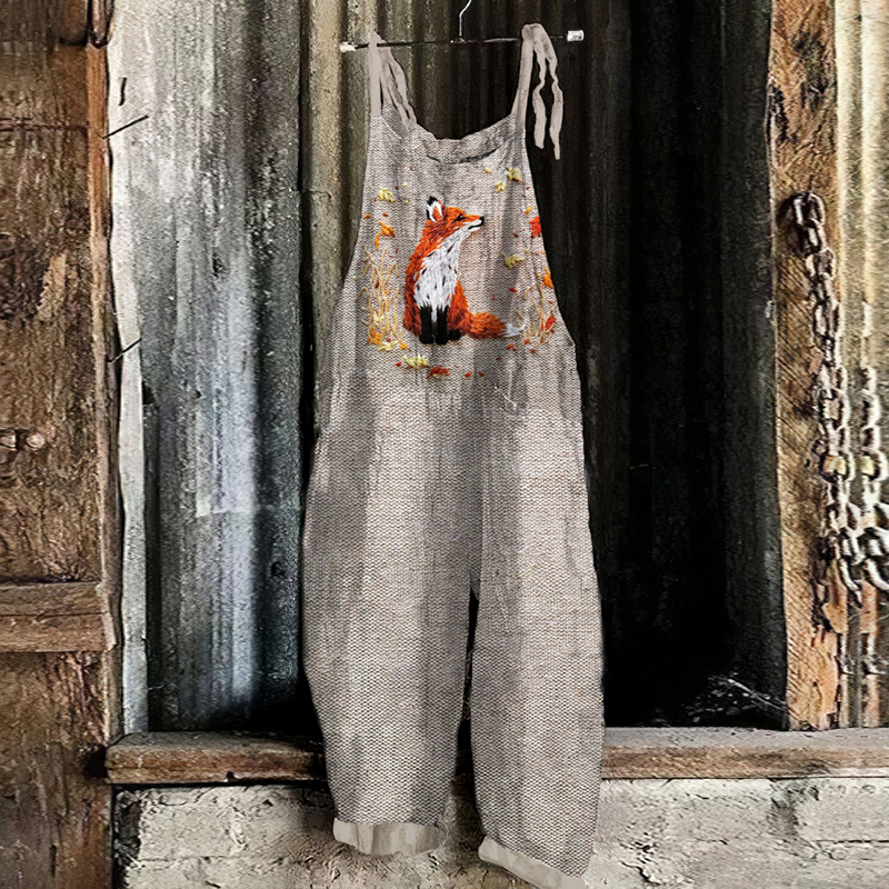 Fox Embroidery Pattern Linen Blend Casual Jumpsuit