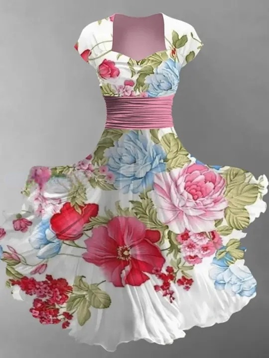 Floral Art Print V-Neck Vintage Chic Short Sleeve Midi Dress