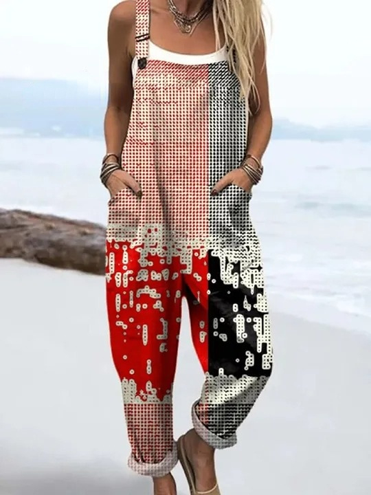 Women's Abstract Pattern Art Print Casual 100% Cotton Wide Leg Jumpsui