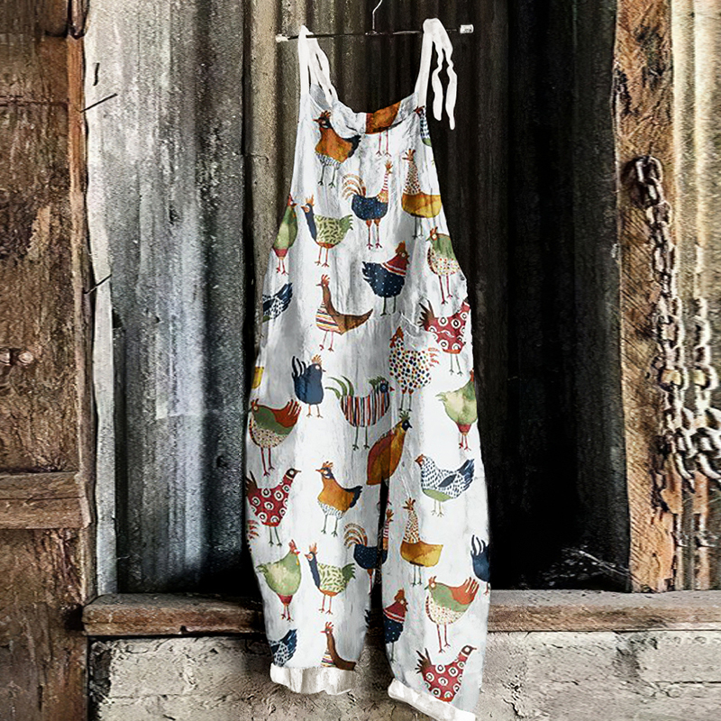 Cute Fowl Farmhouse Style Art Linen Blend Casual Jumpsuit