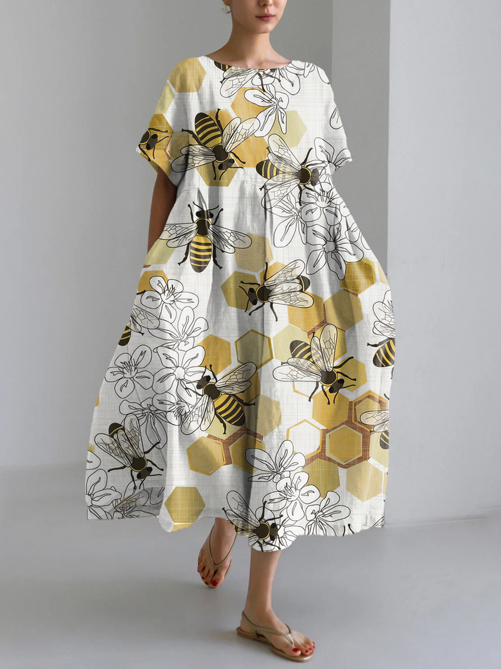 Vintage Honey Bees Pattern Linen Blend Maxi Dress