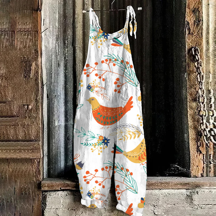 Japanese Art Huge Farm And Animal Print Loose Casual Jumpsuit