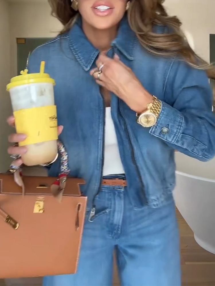 Women Lapel Zipper Washing Casual Denim Jacket