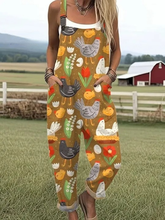 Women's Vintage Chick  Art Print Casual 100% Cotton Wide Leg Jumpsuit