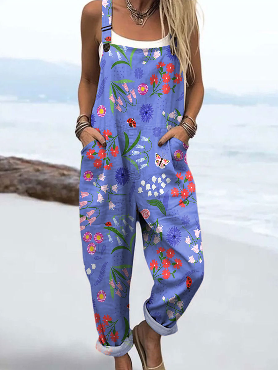 Women's Vintage Art Print Casual Cotton Wide Leg Jumpsuit