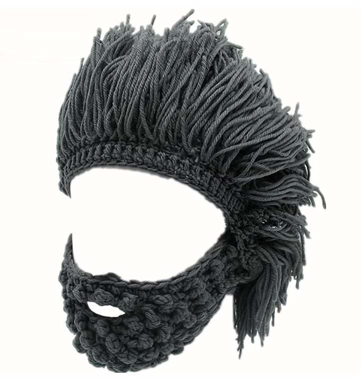 Handmade Punk Style Beanie with Attached Straight Hair Wig and Knitted Beard – Funny Winter Hat with Hair & Beard for Men | 🎁Buy 2 Get Free Shipping