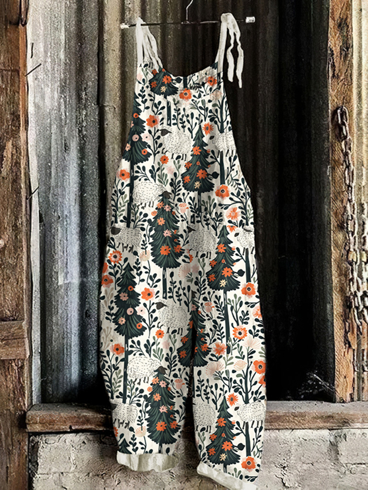 Women's Retro Farm Forest Print Sleeveless Jumpsuit