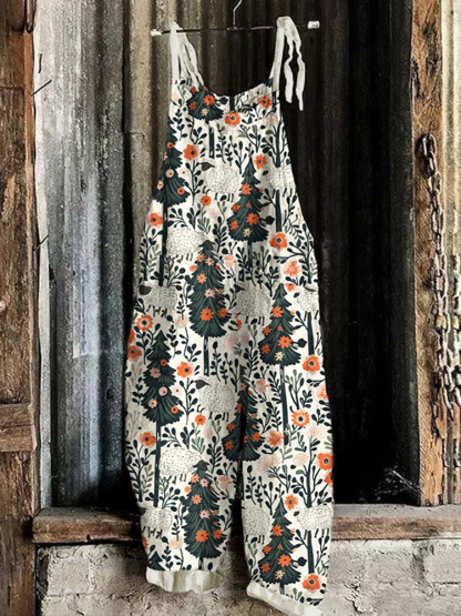 Women's Retro Farm Forest Print Sleeveless Jumpsuit
