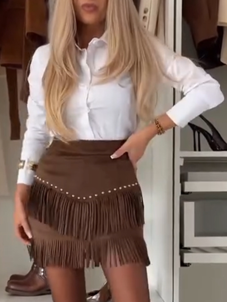 Women Laple Collar Shirt+ Patchwork Tassel Half Skirt Temperament Commuting Set