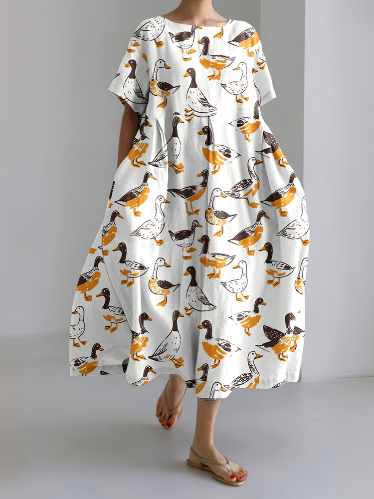 Duck Print Short Sleeve Loose Midi Dress