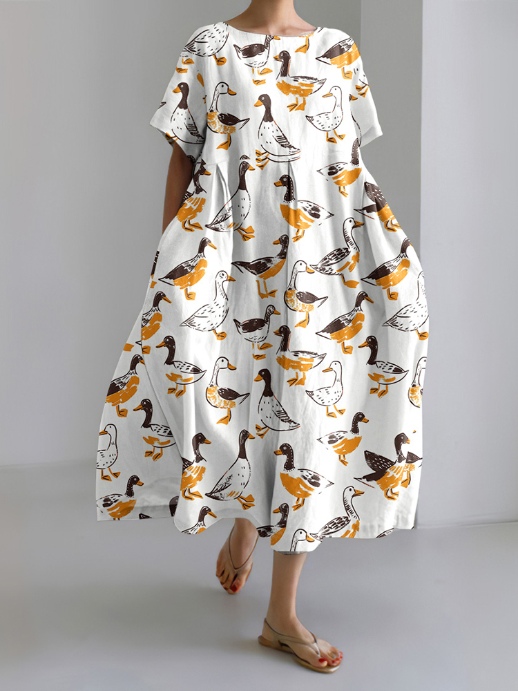 Duck Print Short Sleeve Loose Midi Dress