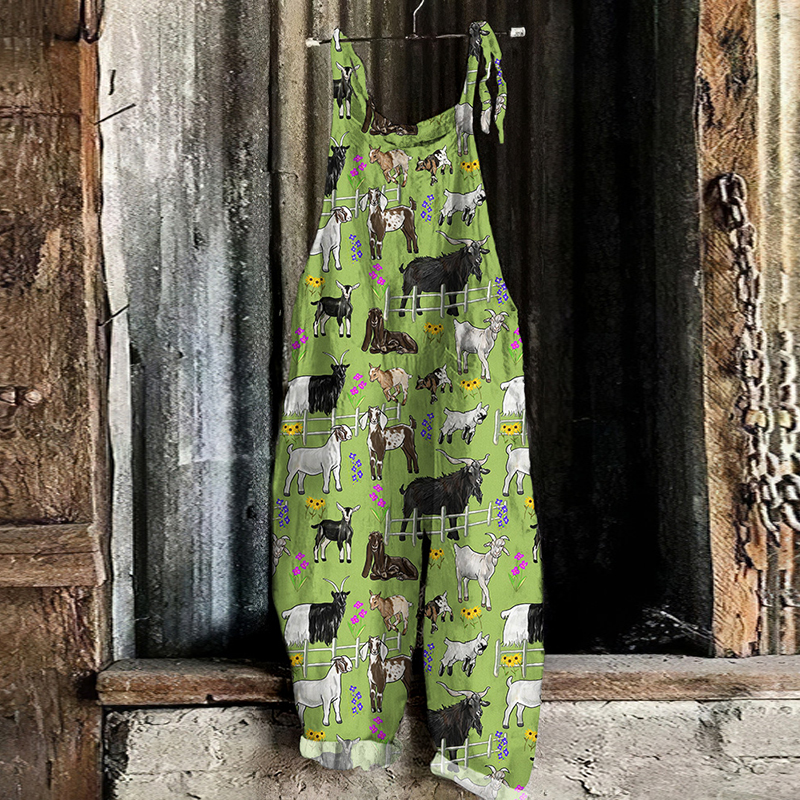 Comstylish Retro Funny Farm Sheep Art Print Linen Loose Casual Jumpsuit