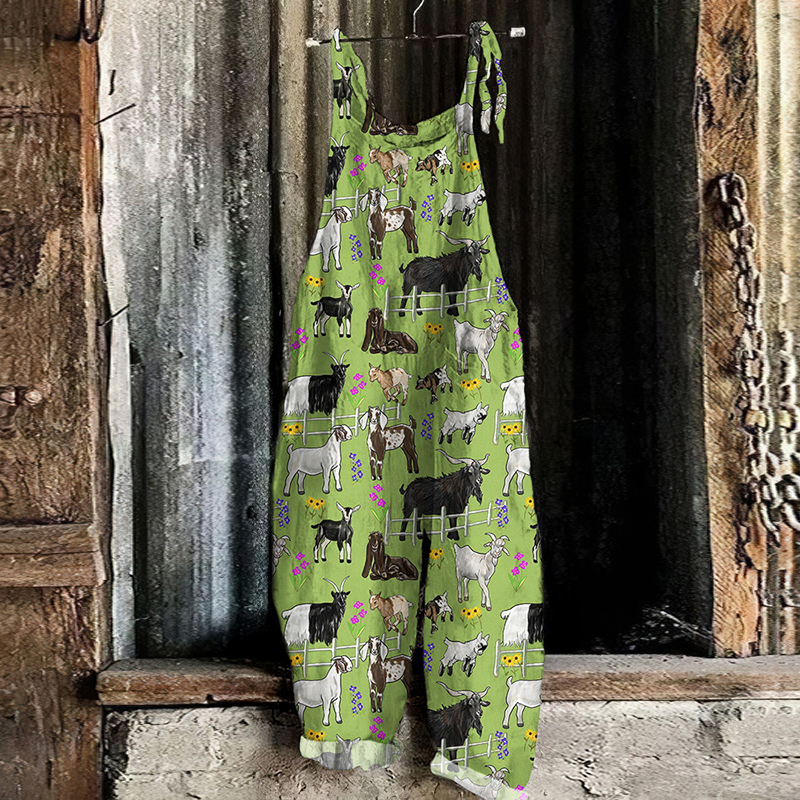 Comstylish Retro Funny Farm Sheep Art Print Linen Loose Casual Jumpsui