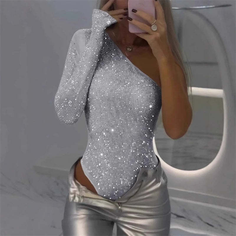 🛍️Women's One Shoulder Sequin Bodysuit