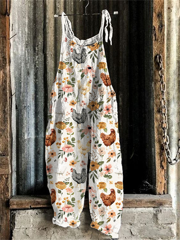 Farm Chicken Floral Print Linen Blend Casual Jumpsuit
