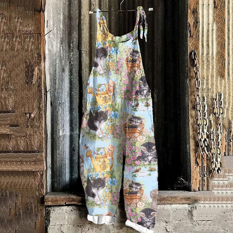 Vintage Summer Kitten Garden Art Graphic Casual Loose Jumpsuit