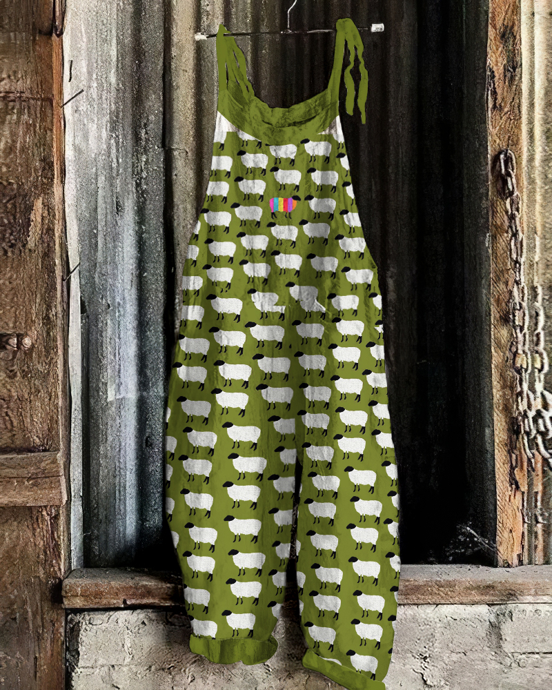 Vintage Rainbow Sheep Fleece Pattern Linen Blend Jumpsuit