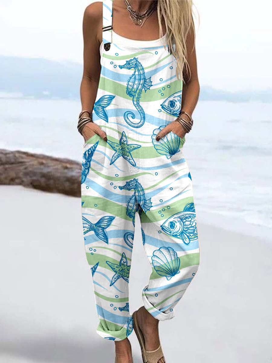 Women's Ocean Art Print Casual Cotton Wide Leg Jumpsuit