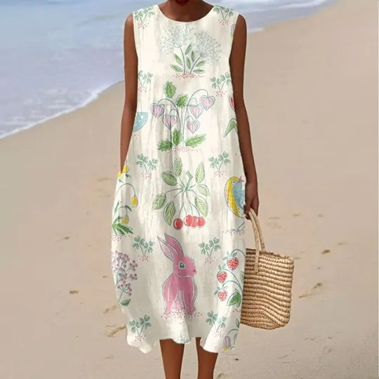 Women's Vintage Floral Art Print Sleeveless Cotton Pocket Wrap Dress