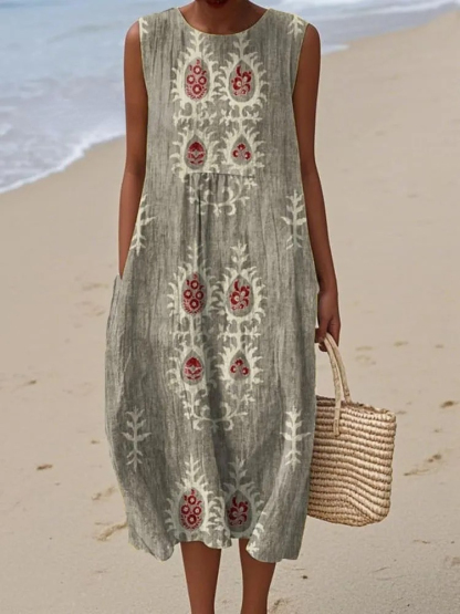 Women's Vintage Ethnic Pattern Art Print Sleeveless Cotton Pocket Wrap Dress
