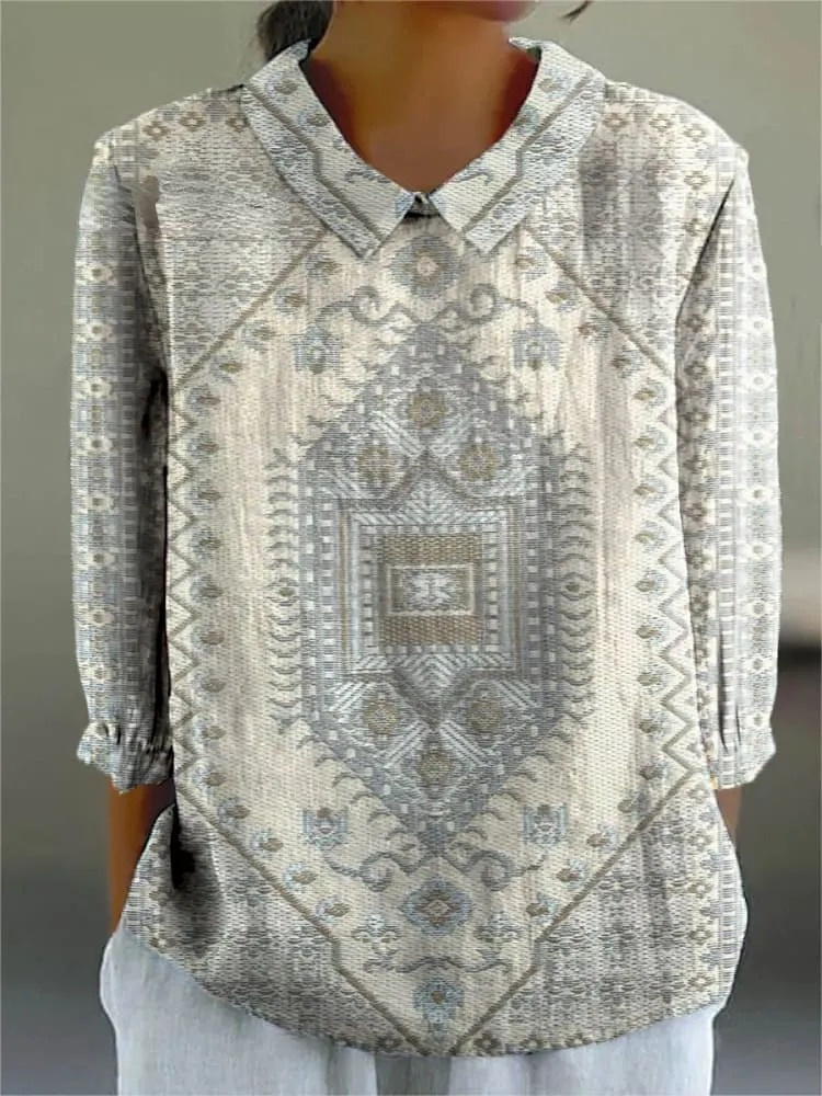Women's Vintage Ethnic Pattern Art Print Casual Cotton And Linen 3/4 Sleeve Shirt