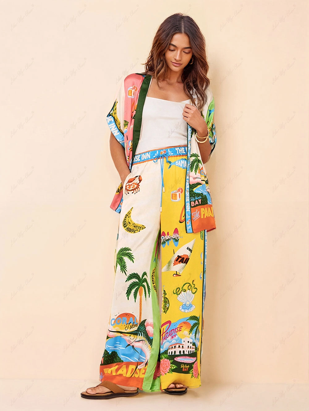 Exquisite Satin Unique Plant Flower Print Loose Wide-Leg Pants