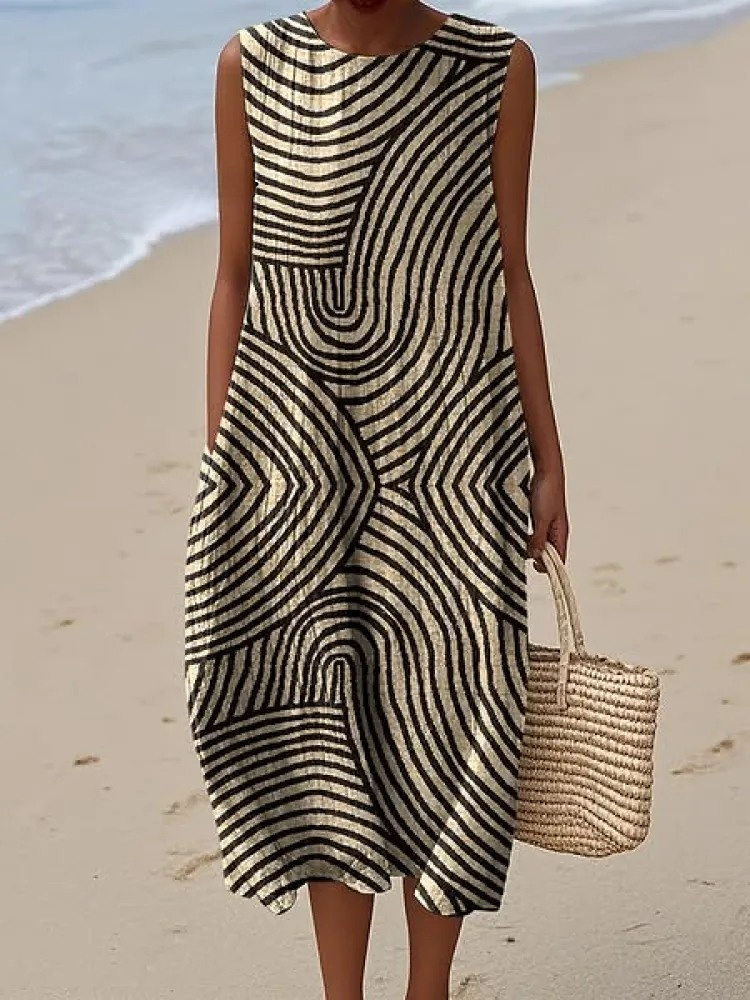 Women's Retro Abstract Geometric Print Cotton and Linen Dress