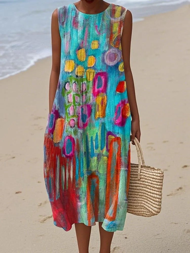 Women's Retro Geometric Print Cotton and Linen Dress