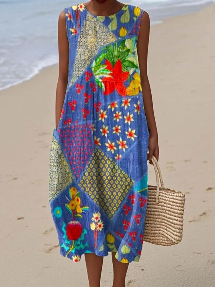 Women's Vintage Floral Art Print Sleeveless Cotton Pocket Wrap Dress