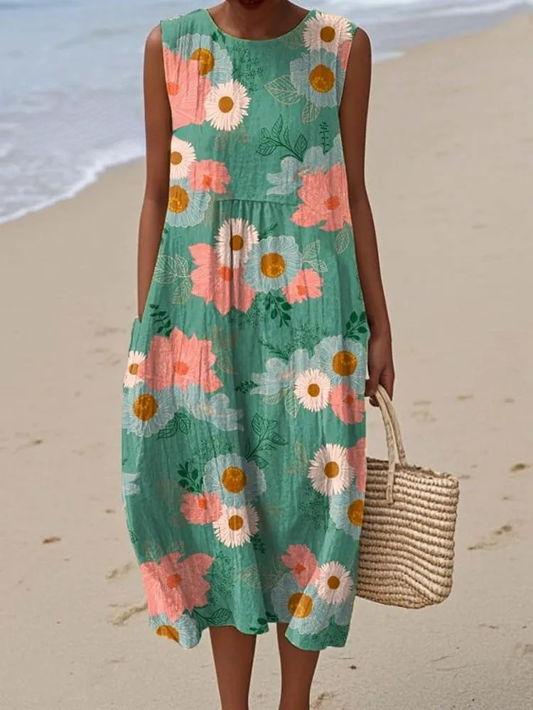 Women's Vintage Floral Art Print Sleeveless Cotton Pocket Wrap Dress