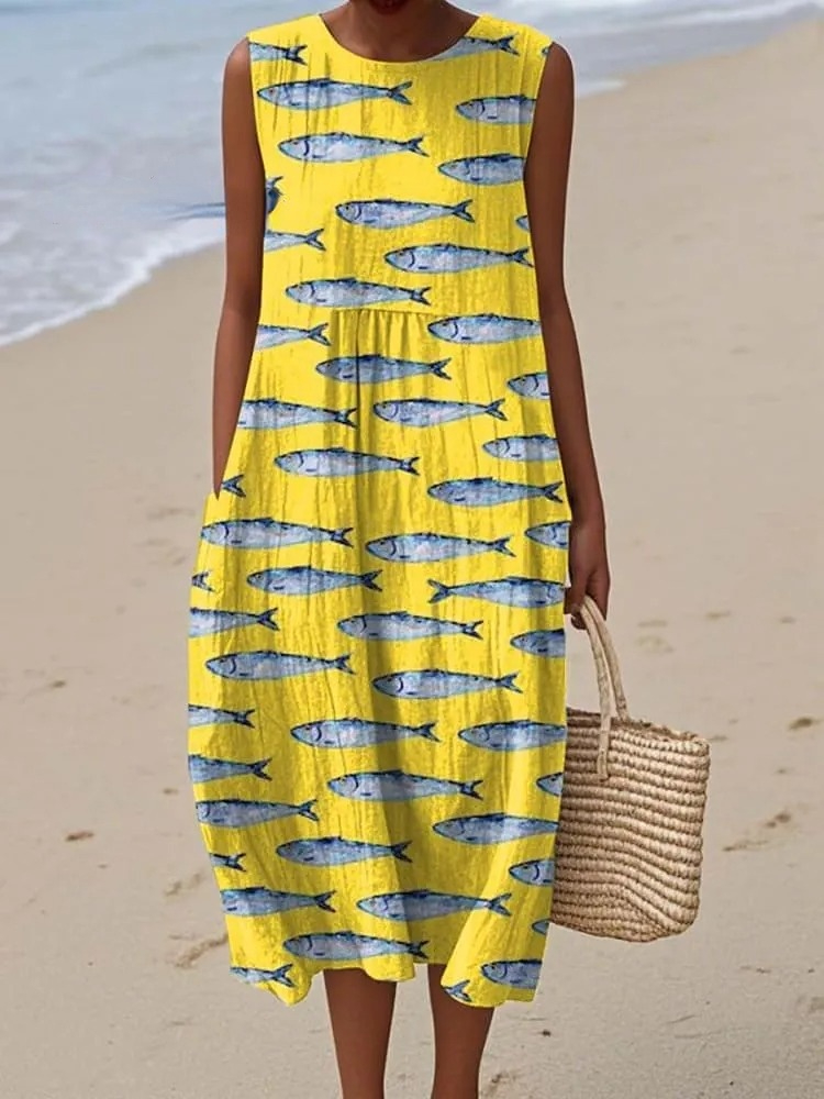 Women's Lovely Fish Art Print Sleeveless Cotton Pocket Wrap Dress