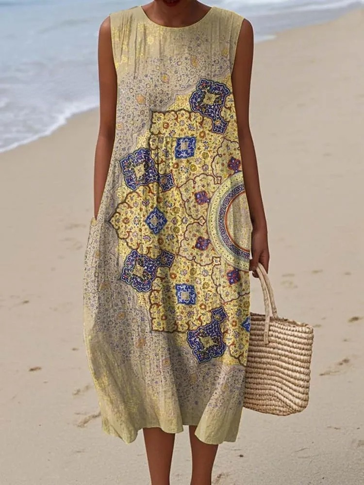 Women's Vintage Floral Art Print Sleeveless Cotton Pocket Wrap Dress