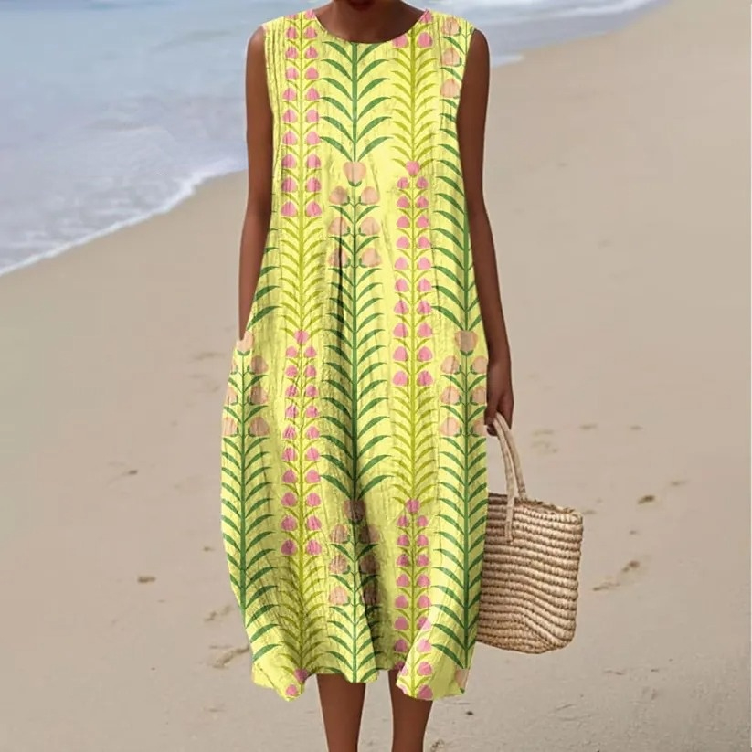 Women's Simple Floral Art Print Sleeveless Cotton Pocket Wrap Dress