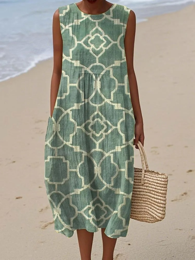 Women's Vintage Abstract Geometric Art Print Sleeveless Cotton Pocket Wrap Dress