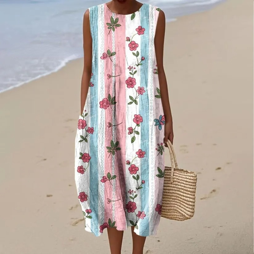 Women's Vintage Floral Art Print Sleeveless Cotton Pocket Wrap Dress