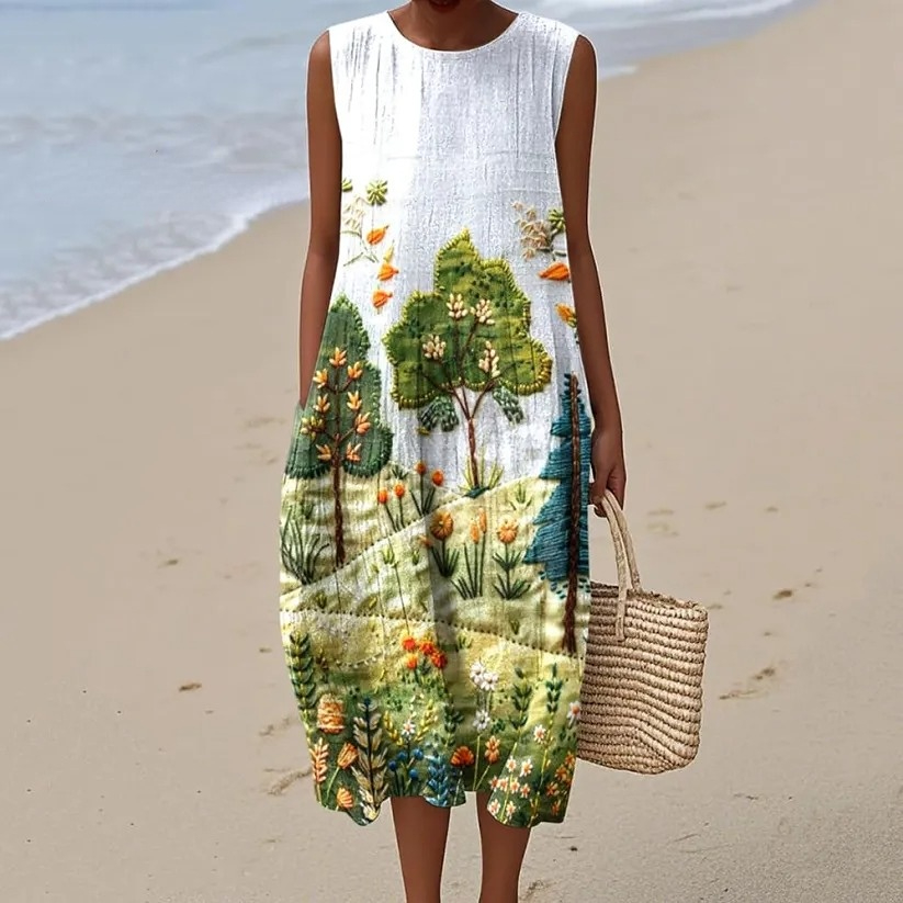 Vintage Loose  Hometown Rural Farm Tree And Floral Art Sleeveless Cotton And Linen Tank Dress